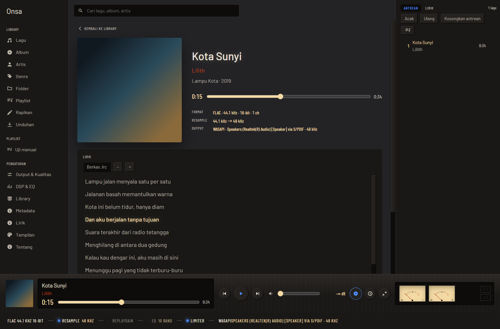 Jendela Onsa — layar Sedang Diputar dengan sampul, lirik yang bergerak mengikuti lagu, meter, dan strip jalur sinyal